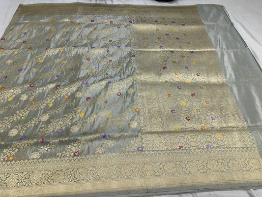 Light Greyish Pure Handwoven Banarasi Katan Tissue Silk Saree