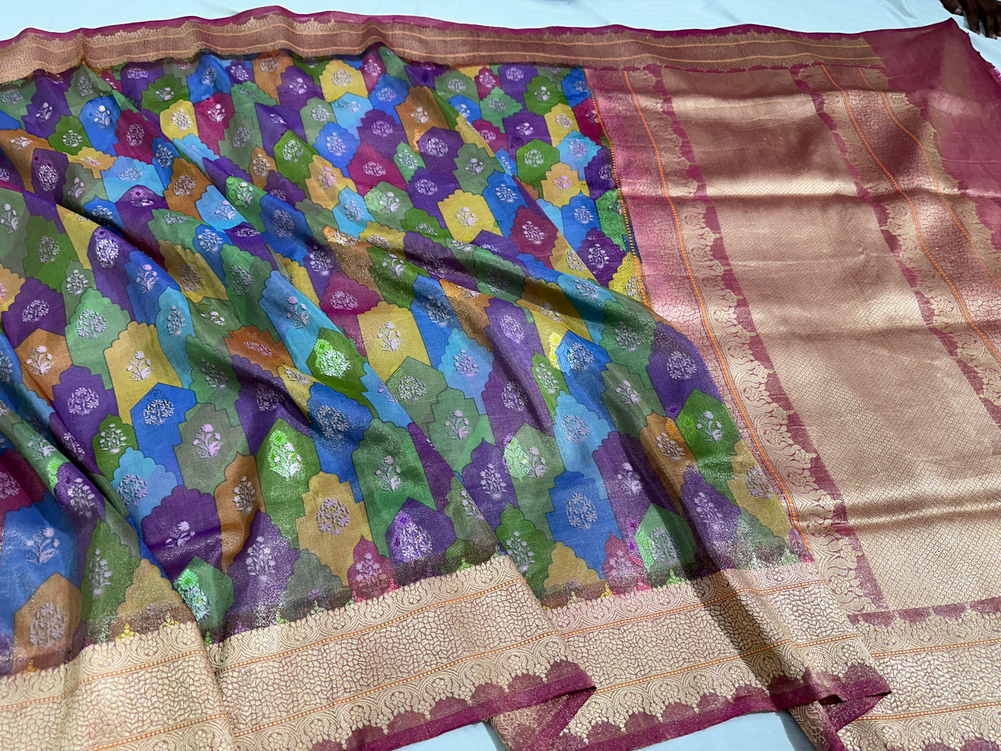 Multi Print Rangkat Handwoven Banarasi Pure Tissue Silk Saree
