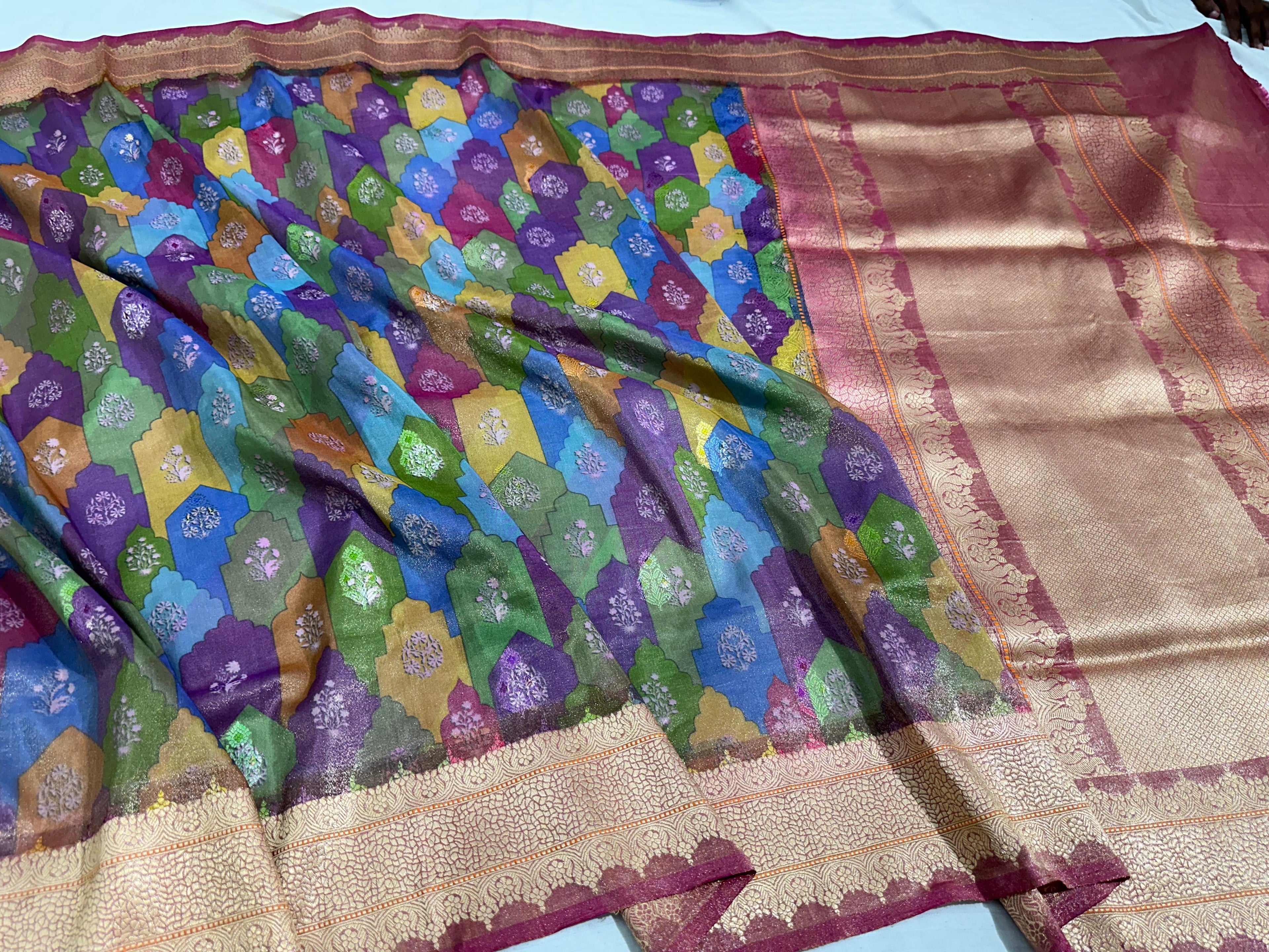 Multi Print Rangkat Handwoven Banarasi Pure Tissue Silk Saree
