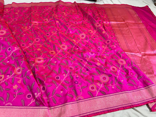Rani Pink Pure Handwoven Banarasi Katan Jamdani Saree