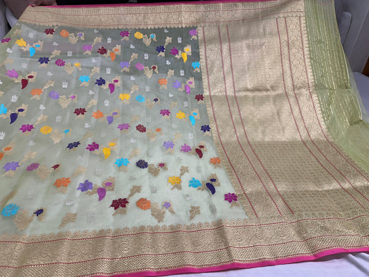 Light Green Pure Handwoven Banarasi Organza Saree