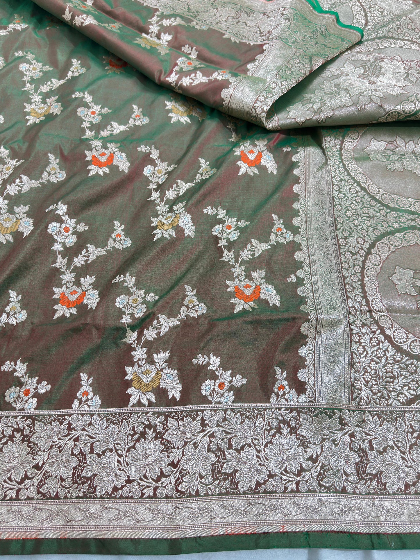 Dark Olive Green Pure Katan Silk Saree