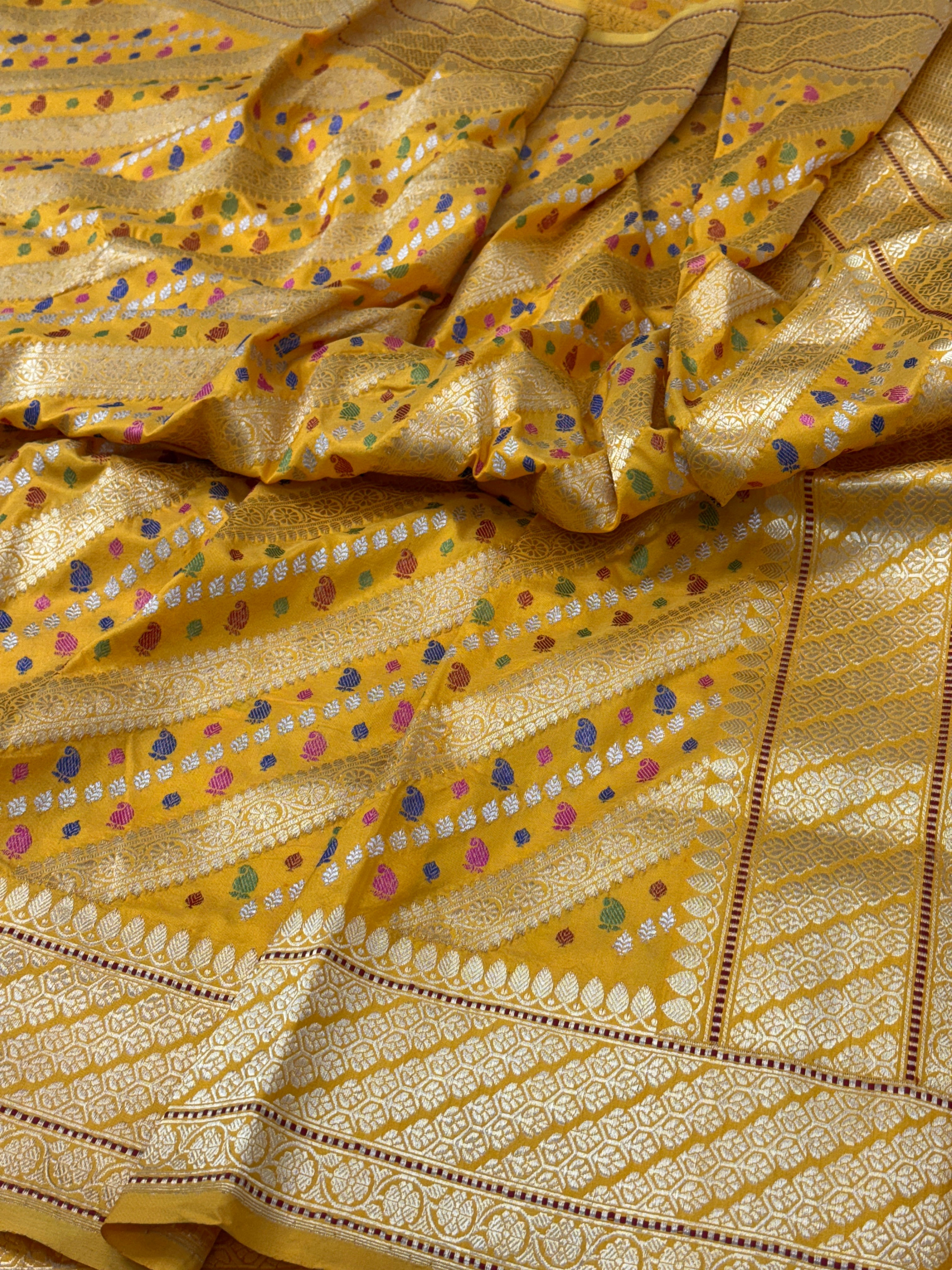 Yellow Pure Handwoven Banarasi Pure katan Silk Kadhwa Jungla Saree