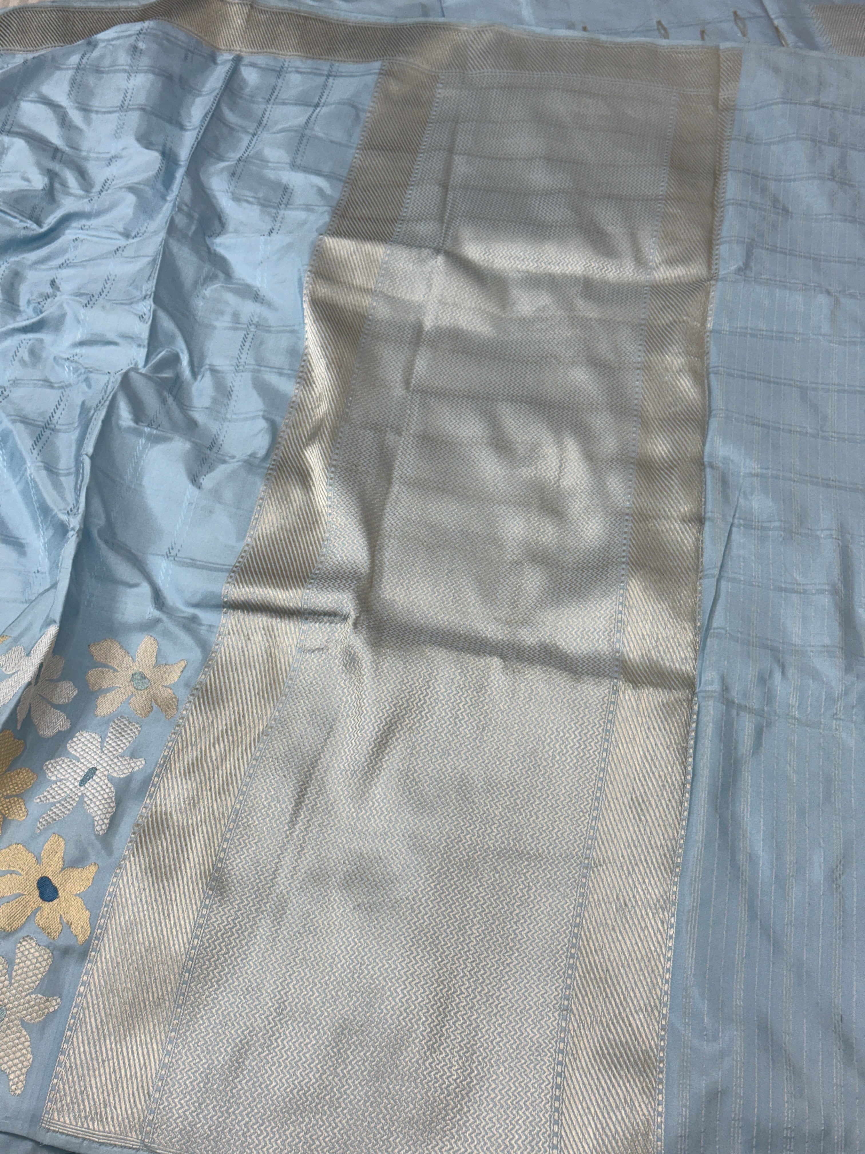 Powder Blue Pure Handwoven Banarasi Pure katan Silk Saree