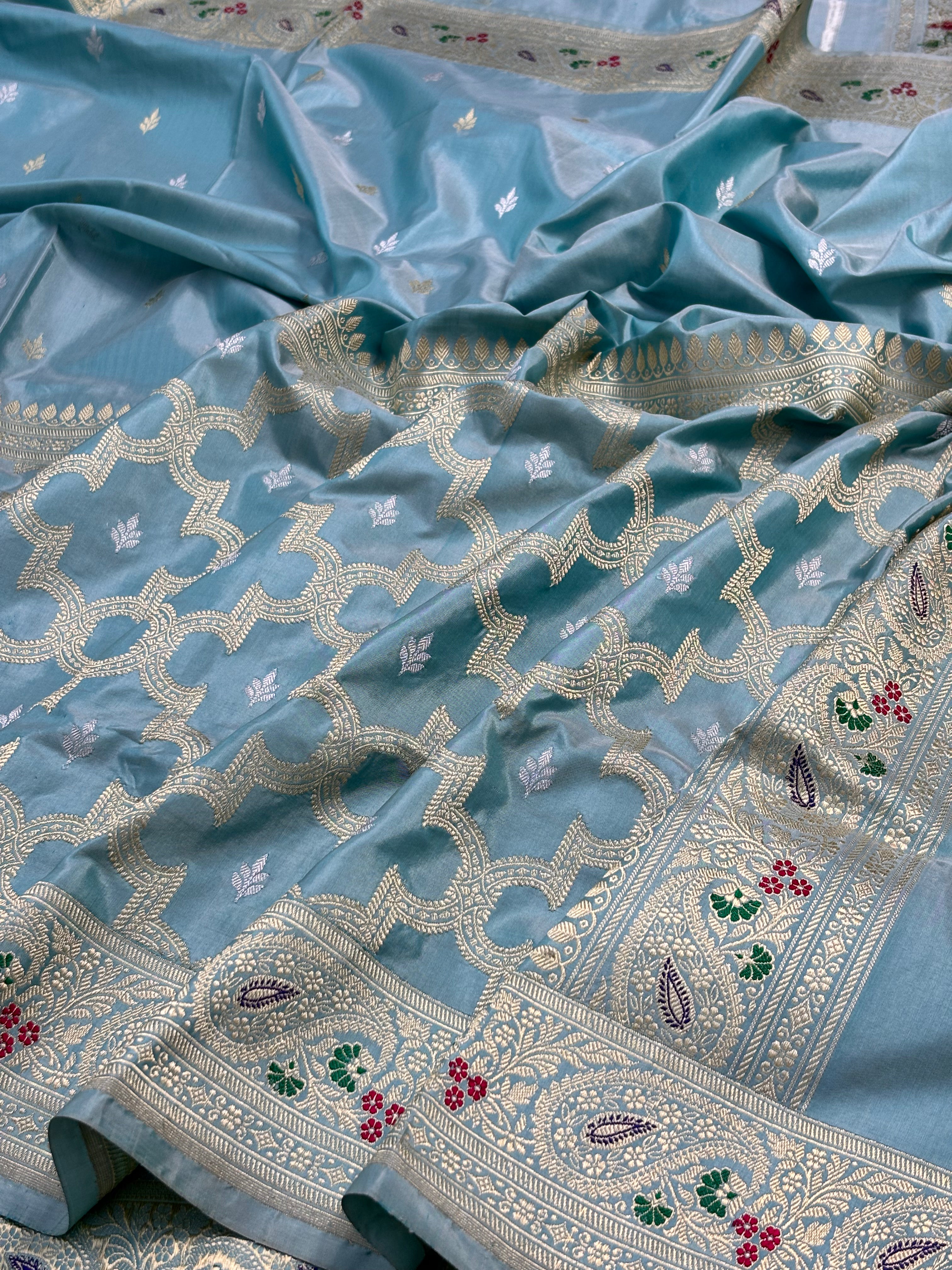 Light Teal Pure Katan Silk with traditional Minakari Handwoven Banarasi Saree