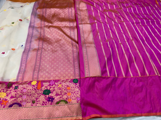 Ivory Kora Organza Ektara Handwoven Banarasi Pure Silk Saree