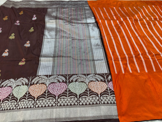 Dark Brown Pure Handwoven Banarasi Katan Silk Saree