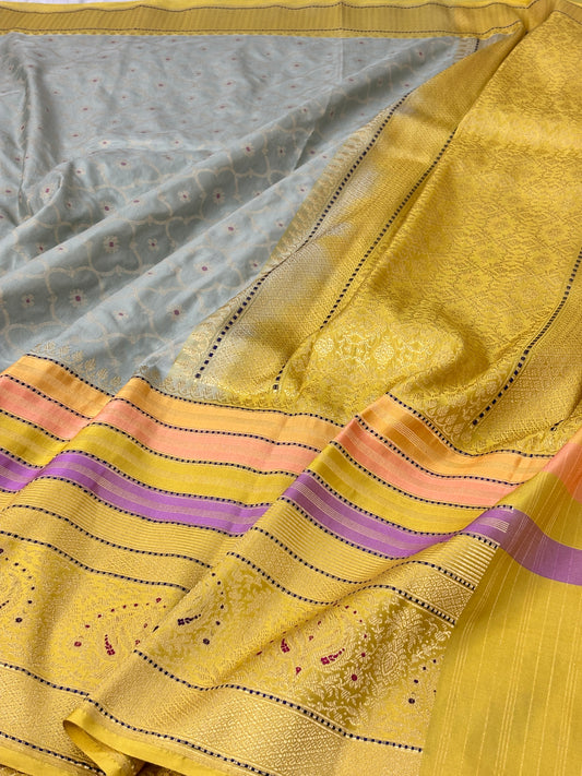 Sky Blue Pure Handwoven Ektara katan Silk Banarasi Saree