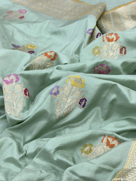 Pale Green Pure Handwoven katan Silk Banarasi Saree