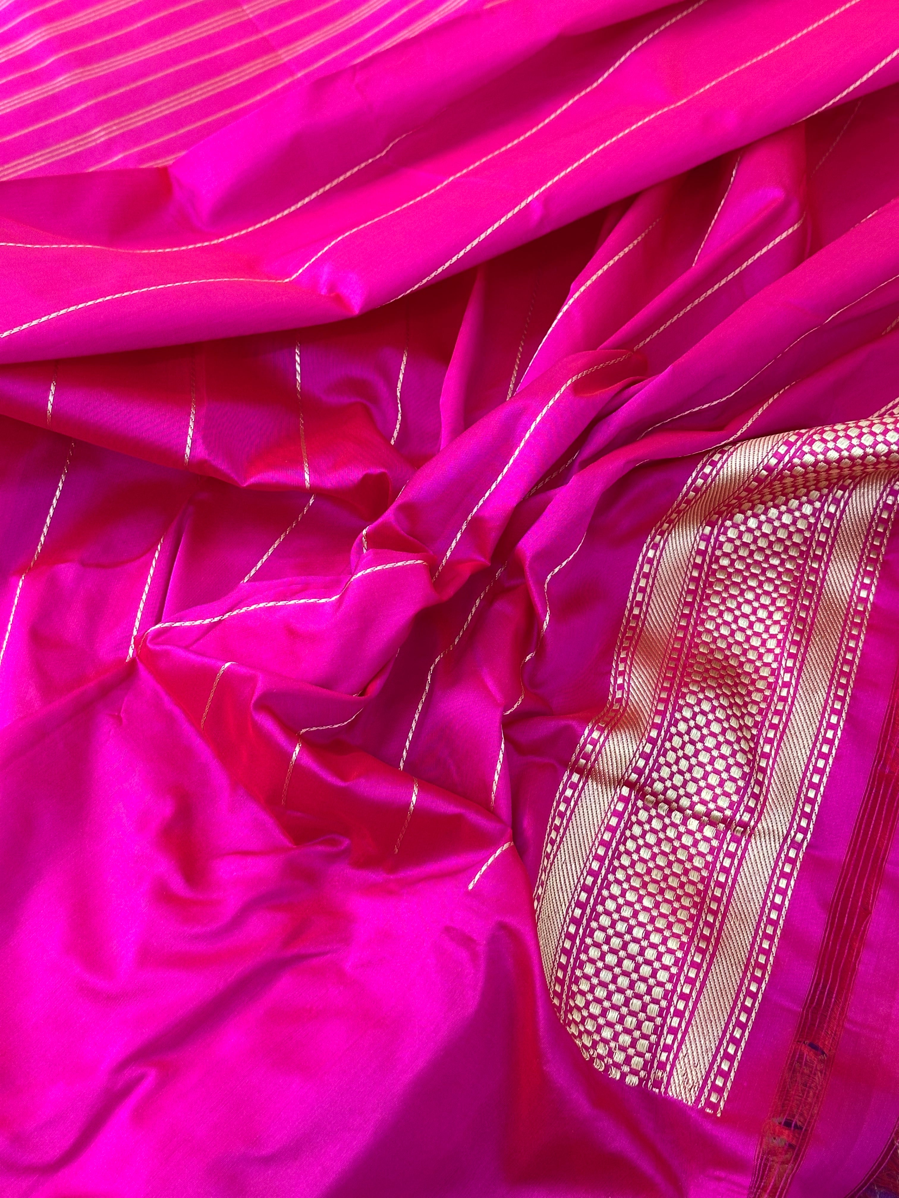Rani Pink Handwoven Pure Ektara katan Silk Banarasi Saree