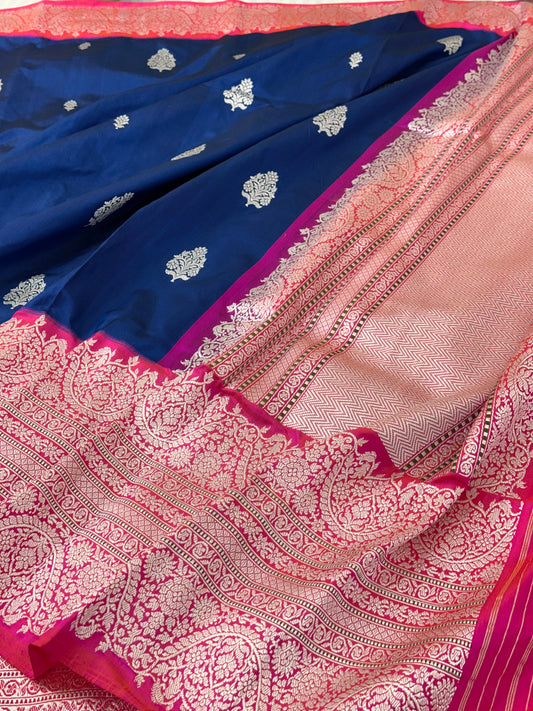 Navy Blue Pure Handwoven Banarasi Katan Silk Saree