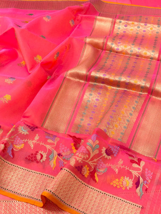 Shocking Pink Pure Organza Handwoven Banarasi Saree