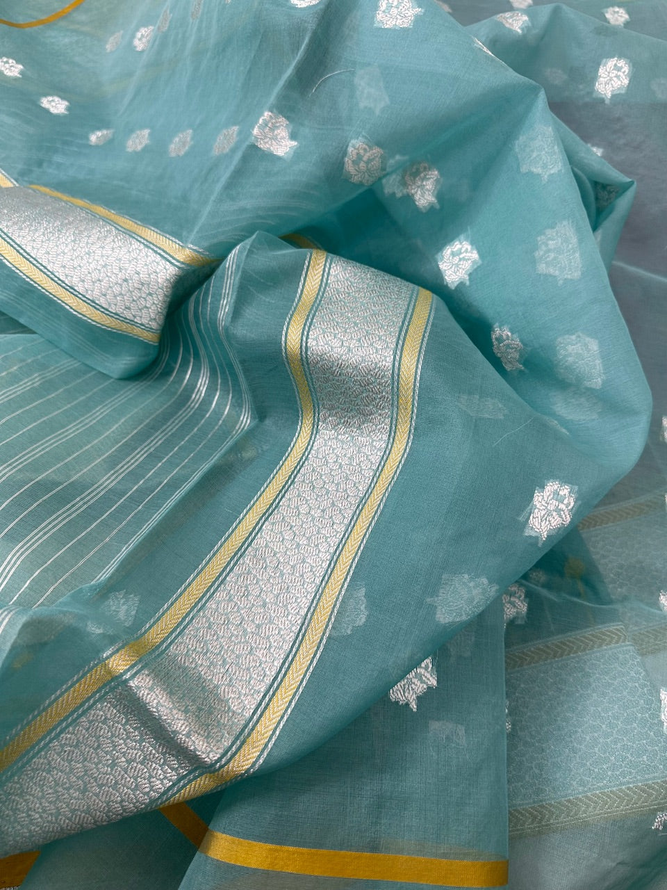Aqua Teal Pure Handwoven Banarasi Organza Silk Saree
