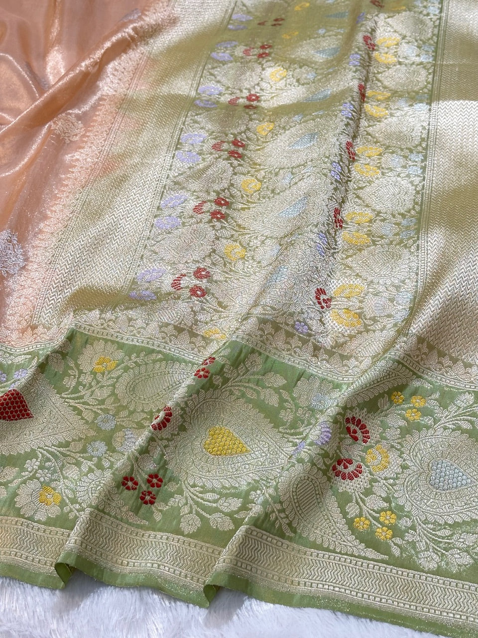 Peachish Pink Handwoven Pure Tissue Silk Banarasi saree