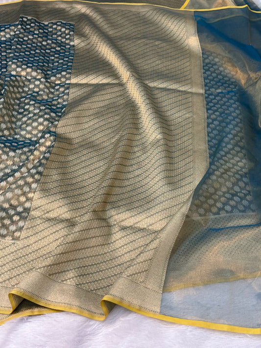Metallic Royal Blue Pure Kora Tissue Silk Banarasi Saree