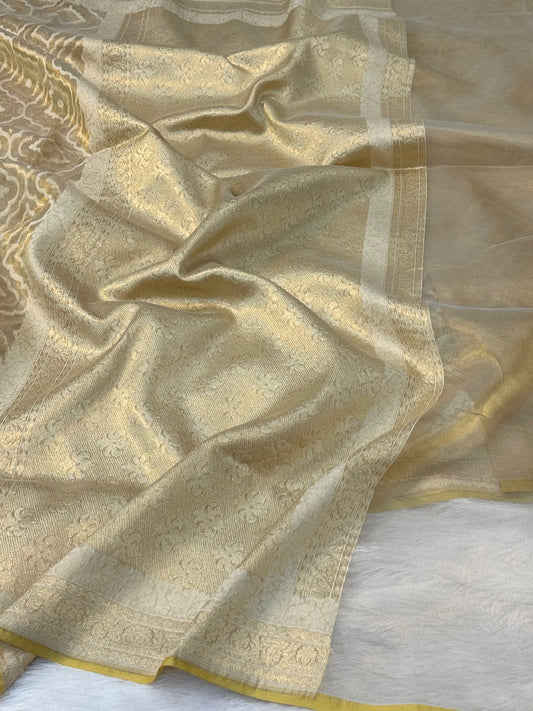 Dusty Yellow Pure Kora Tissue Silk Banarasi Saree