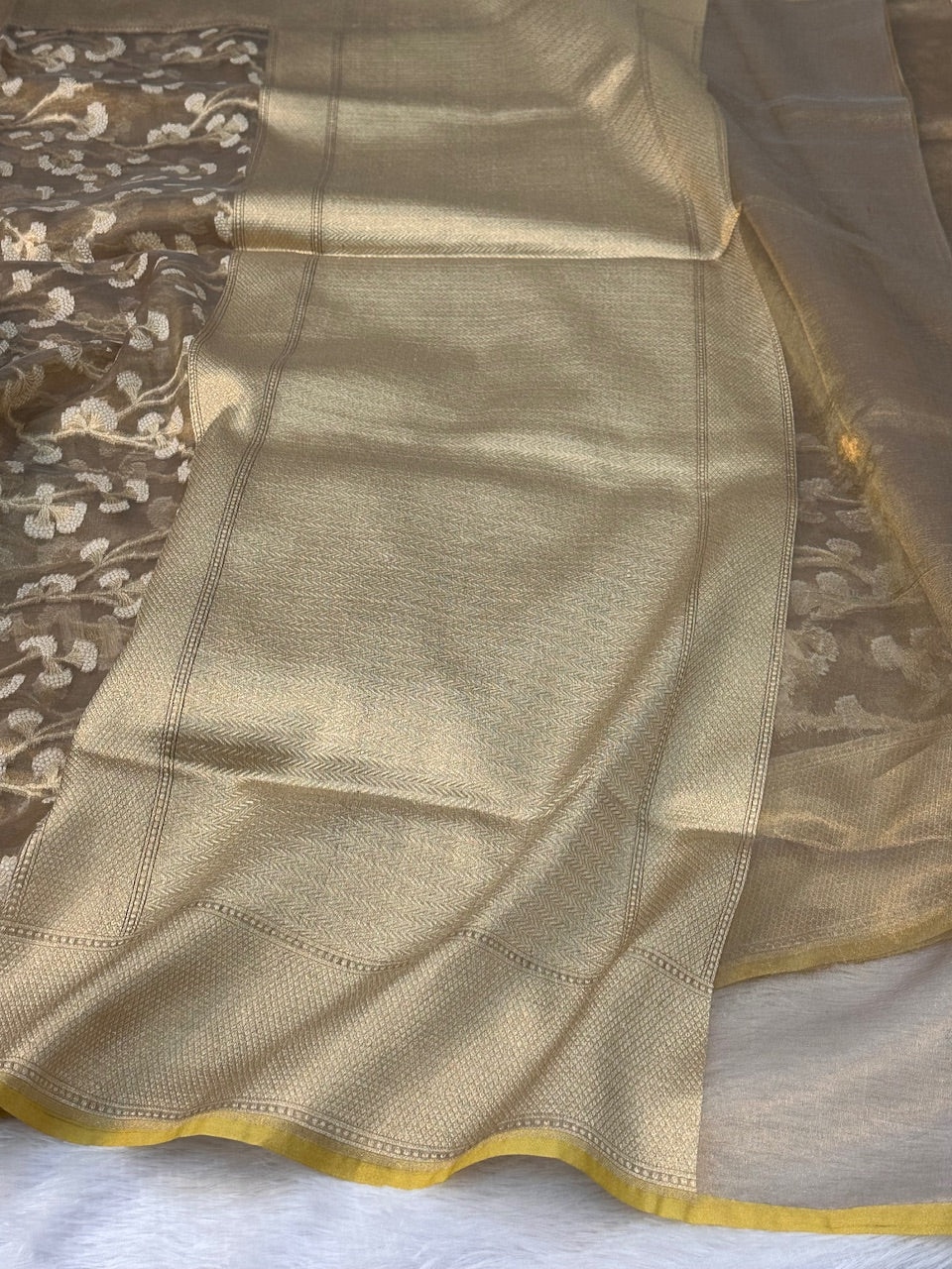 Tussar Grey Pure Kora Tissue Silk Banarasi Saree