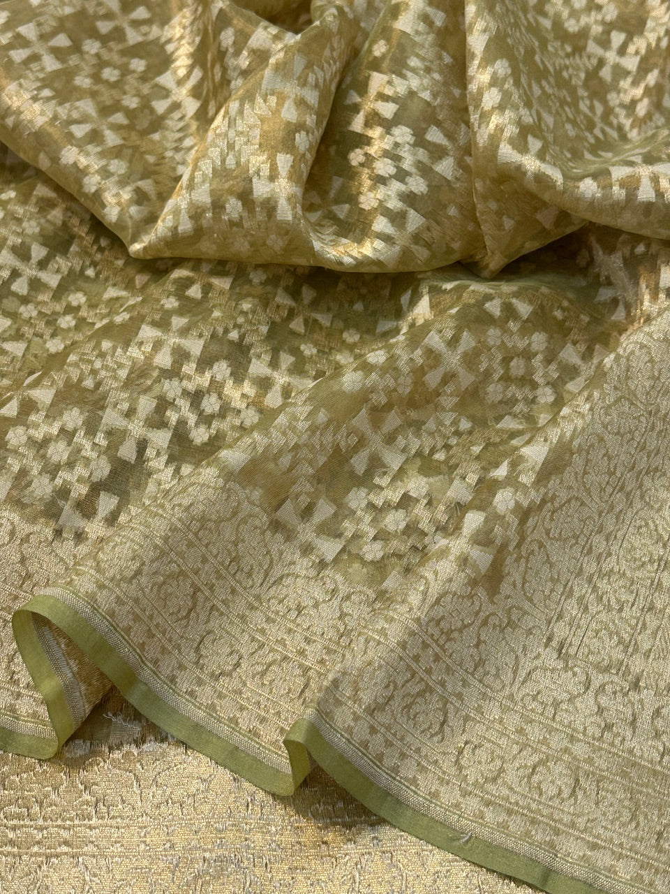 Dusty Olive Pure Kora Tissue Silk Banarasi Saree