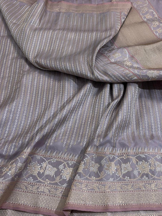 Lilac Grey Shade Pure Katan Silk Handwoven Banarasi Saree