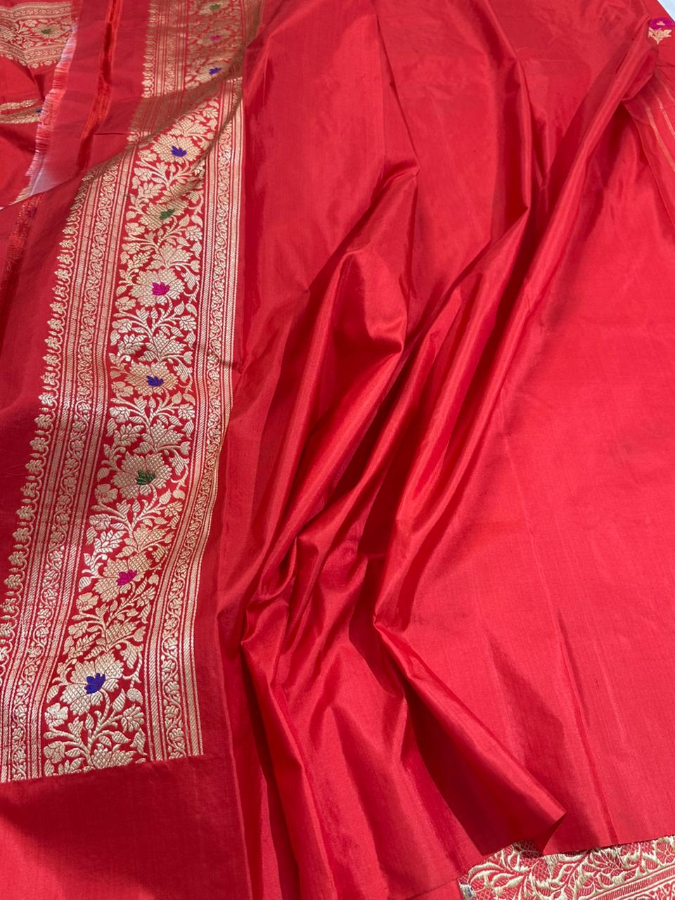 Cherry Red Pure Katan Silk Handwoven Banarasi Saree