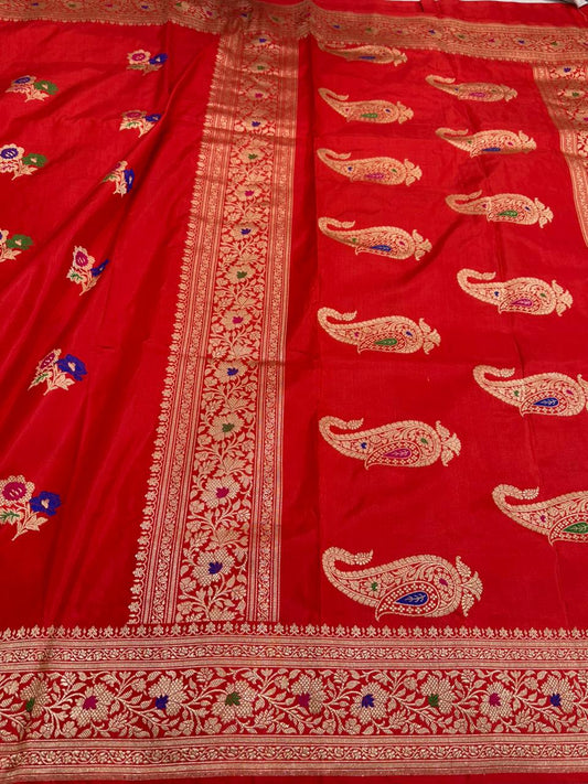 Cherry Red Pure Katan Silk Handwoven Banarasi Saree