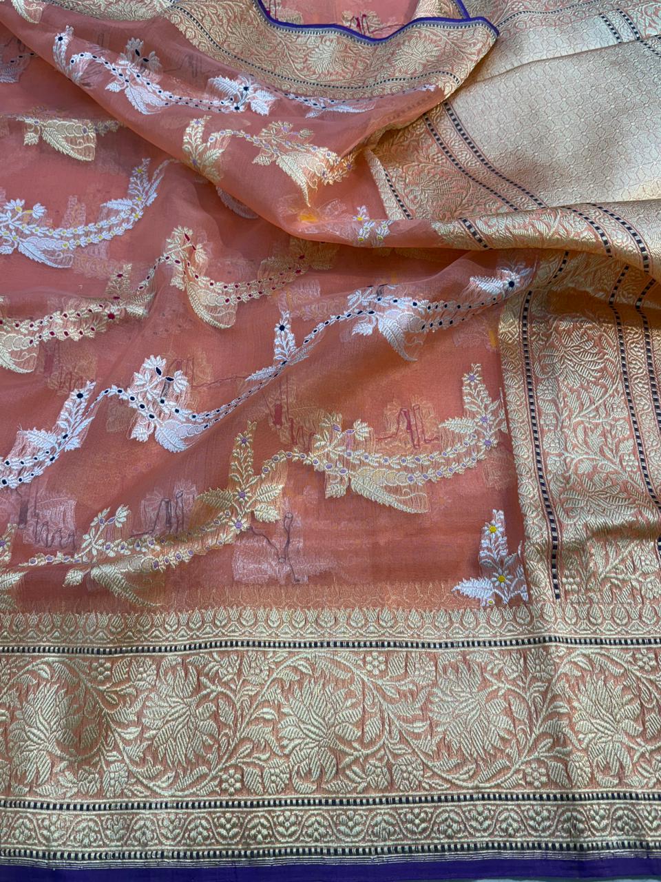 Onion Pink Pure Kora (Organza) Silk Handwoven Banarasi Saree
