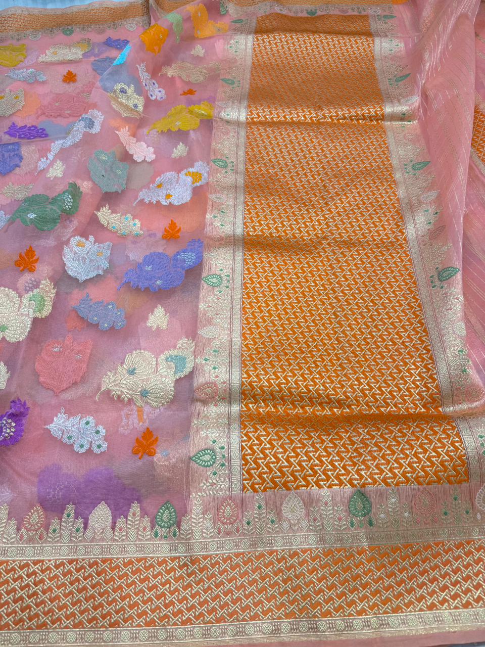 Light Pink Pure Kora (Organza) Silk Handwoven Banarasi Saree