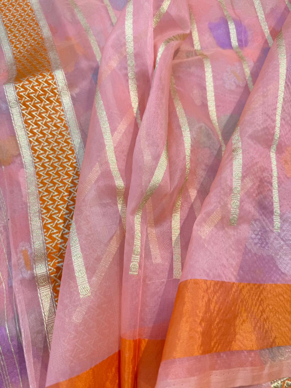 Light Pink Pure Kora (Organza) Silk Handwoven Banarasi Saree