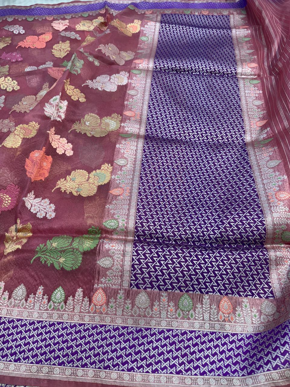 Coffee Shade Pure Organza Silk Handwoven Banarasi Saree