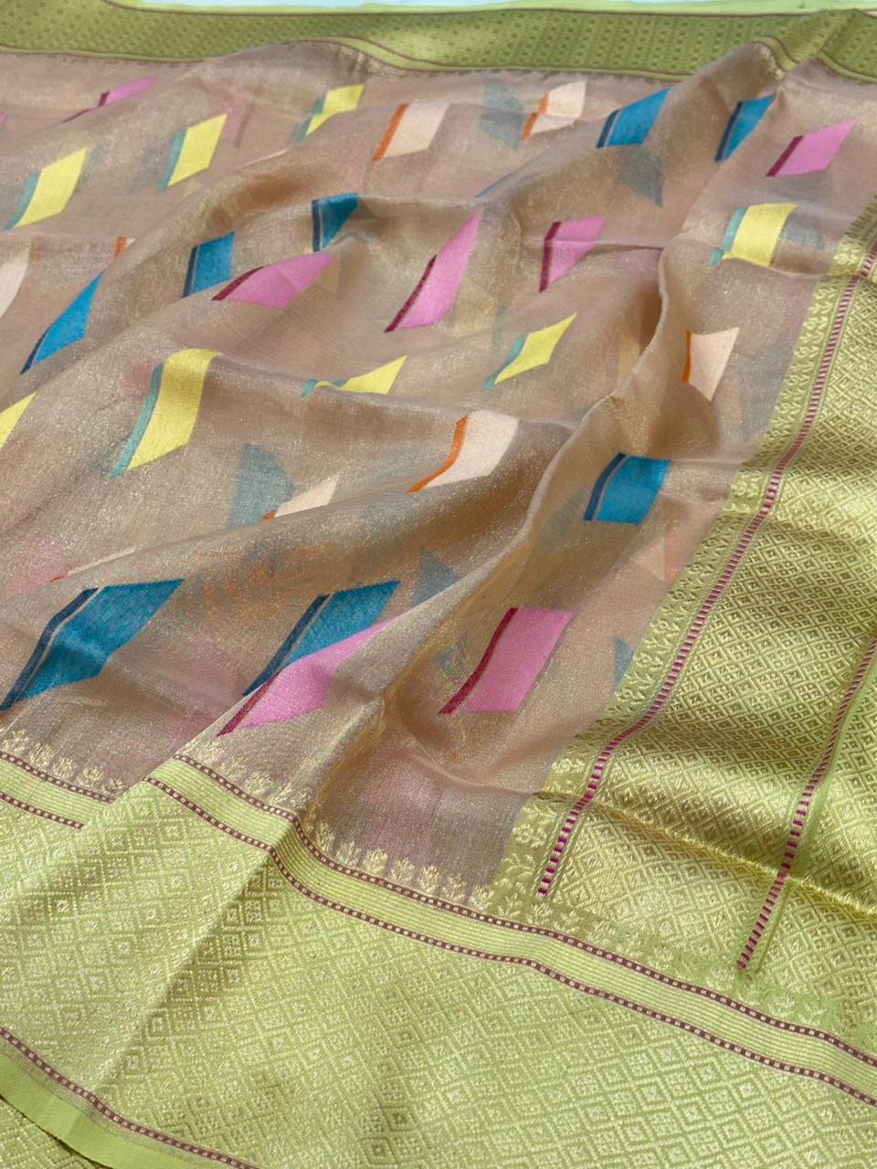 Peach Pure Handwoven Banarasi Organza Tissue Silk Saree