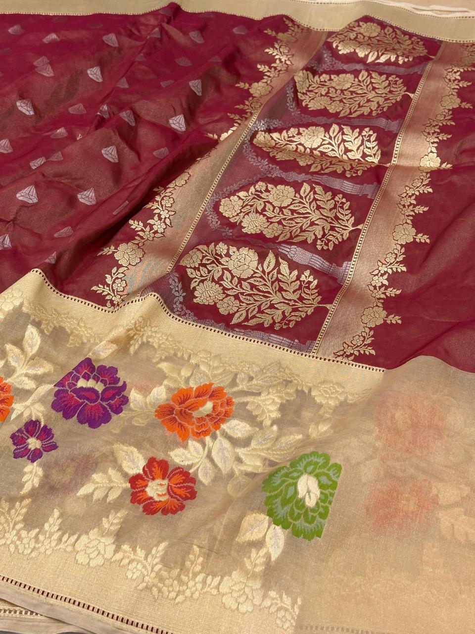 Wine Pure Handwoven Banarasi Tissue Silk Saree