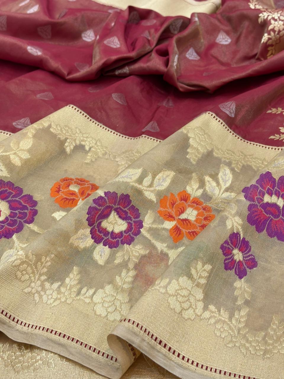 Wine Pure Handwoven Banarasi Tissue Silk Saree