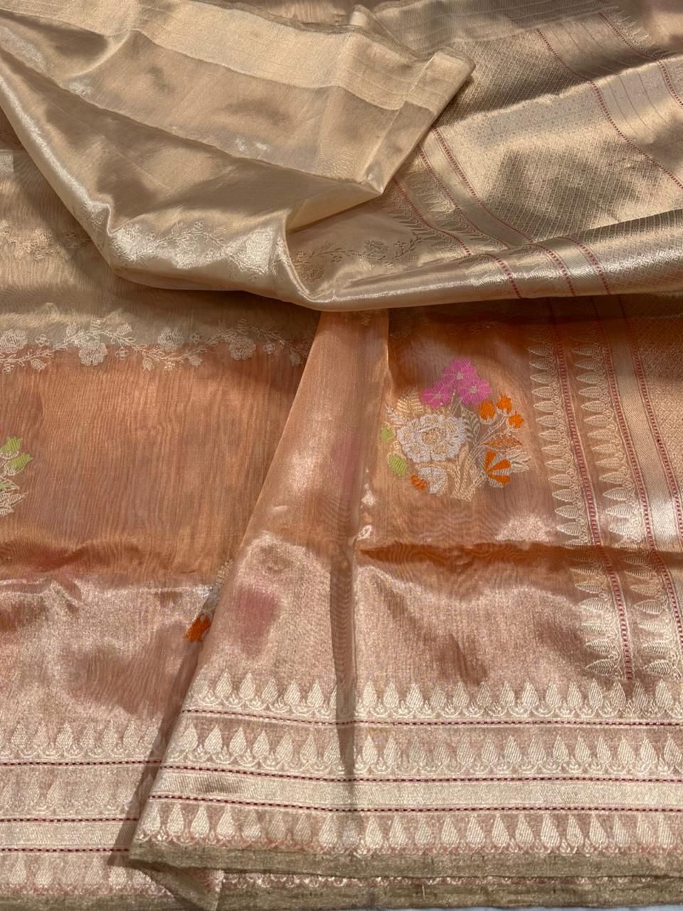 Peach Orange Pure Tissue Handwoven Banarasi Saree