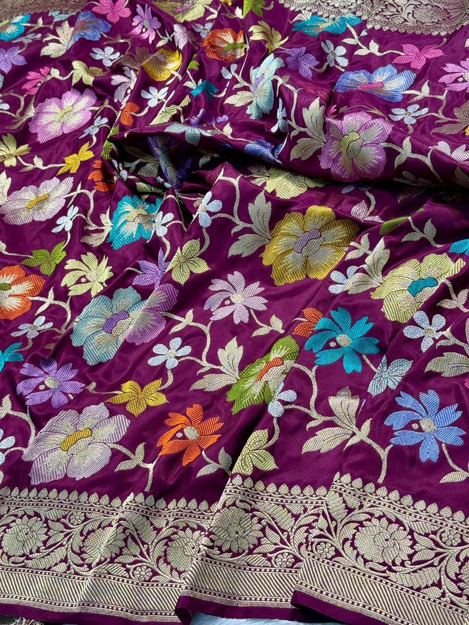 Magenta Wine Pure Katan Silk Tilfi Jangla Handwoven Banarasi Saree