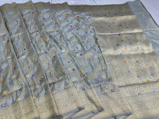 Light Greyish Pure Handwoven Banarasi Katan Tissue Silk Saree