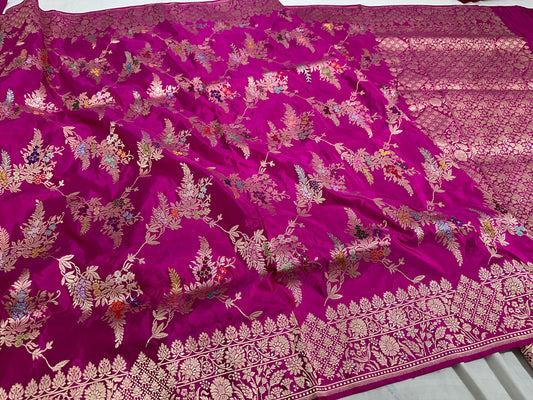 Magenta Pink Pure Handwoven Banarasi Jaal Katan Silk Saree
