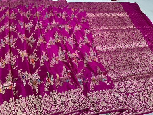 Magenta Pink Pure Handwoven Banarasi Jaal Katan Silk Saree