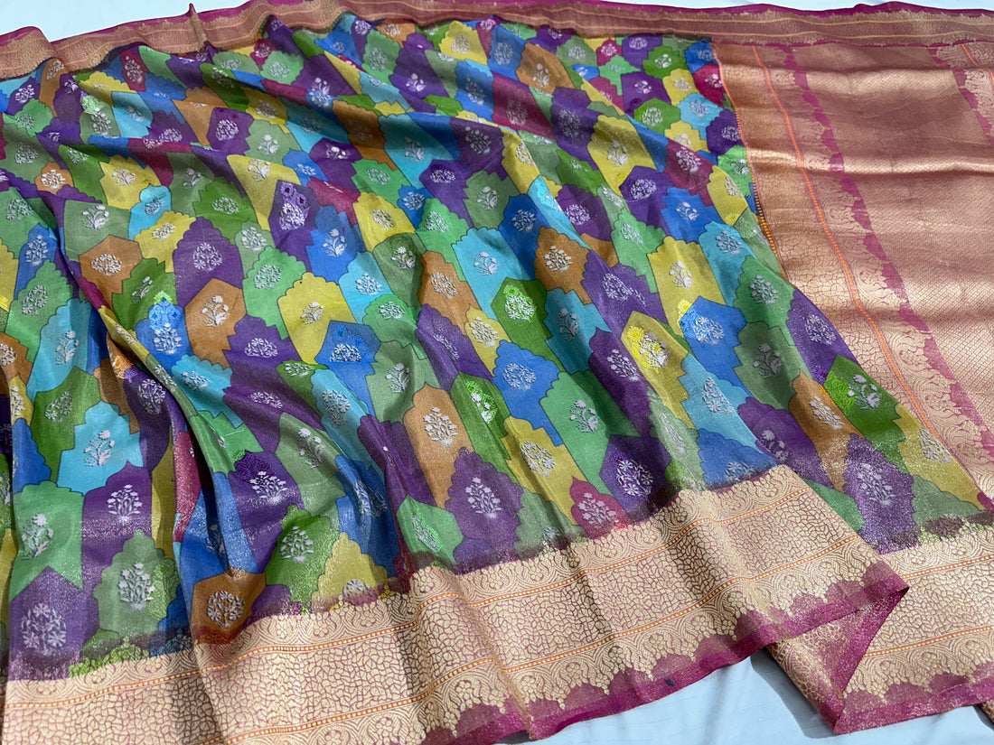 Multi Print Rangkat Handwoven Banarasi Pure Tissue Silk Saree