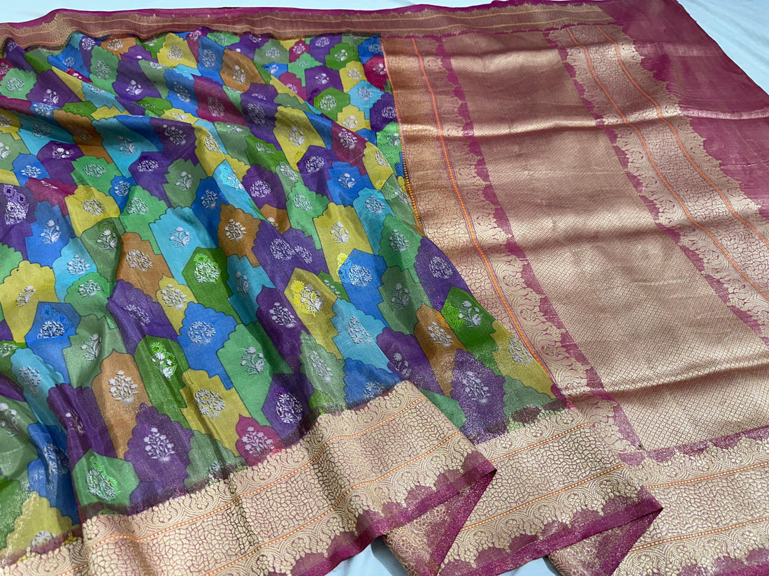 Multi Print Rangkat Handwoven Banarasi Pure Tissue Silk Saree