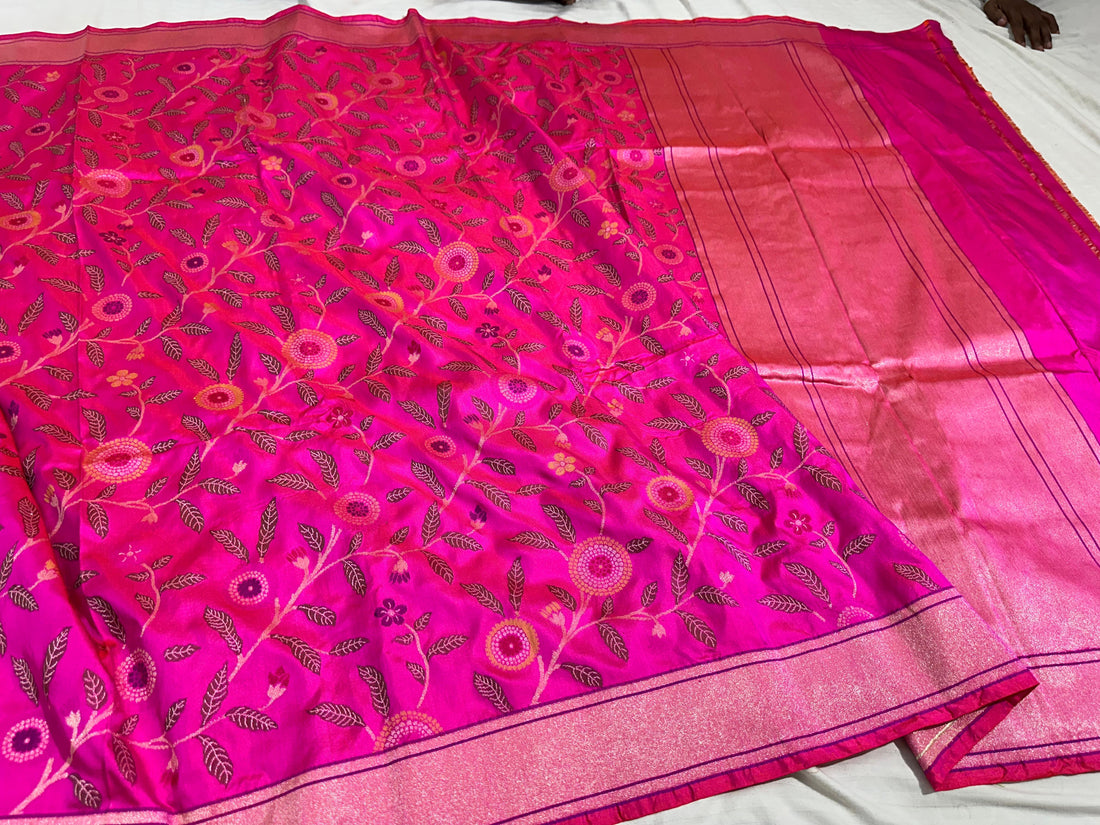 Rani Pink Pure Handwoven Banarasi Katan Jamdani Saree