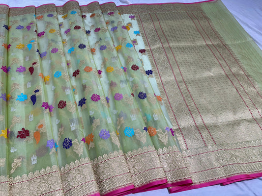 Light Green Pure Handwoven Banarasi Organza Saree