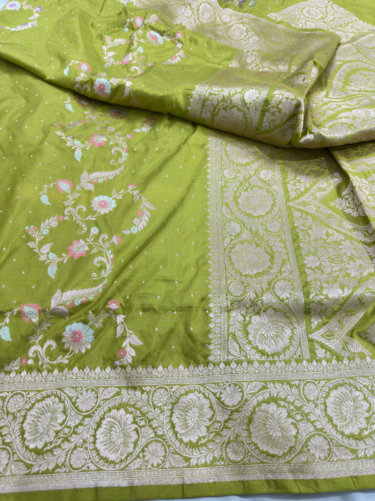 Lime Green Pure Katan Silk Saree