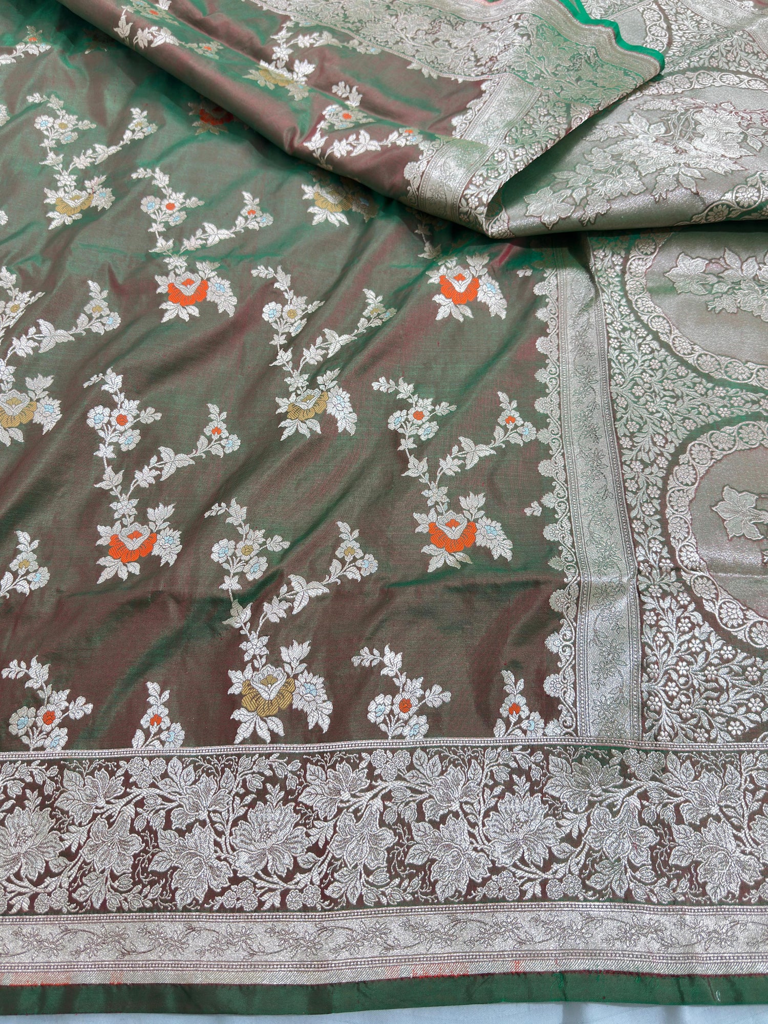 Dark Olive Green Pure Katan Silk Saree