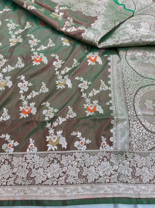 Dark Olive Green Pure Katan Silk Saree