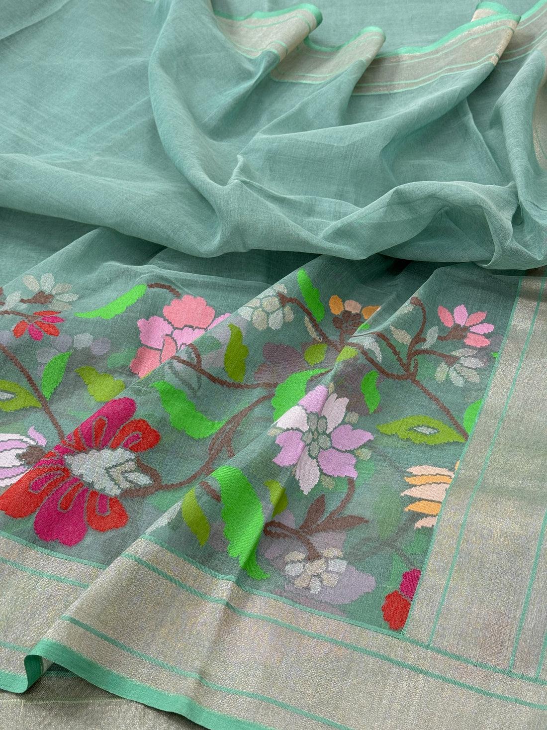 Sea Green Pure Handwoven Cotton Jamdani Banarasi Saree