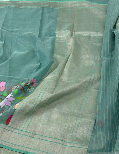 Sea Green Pure Handwoven Cotton Jamdani Banarasi Saree