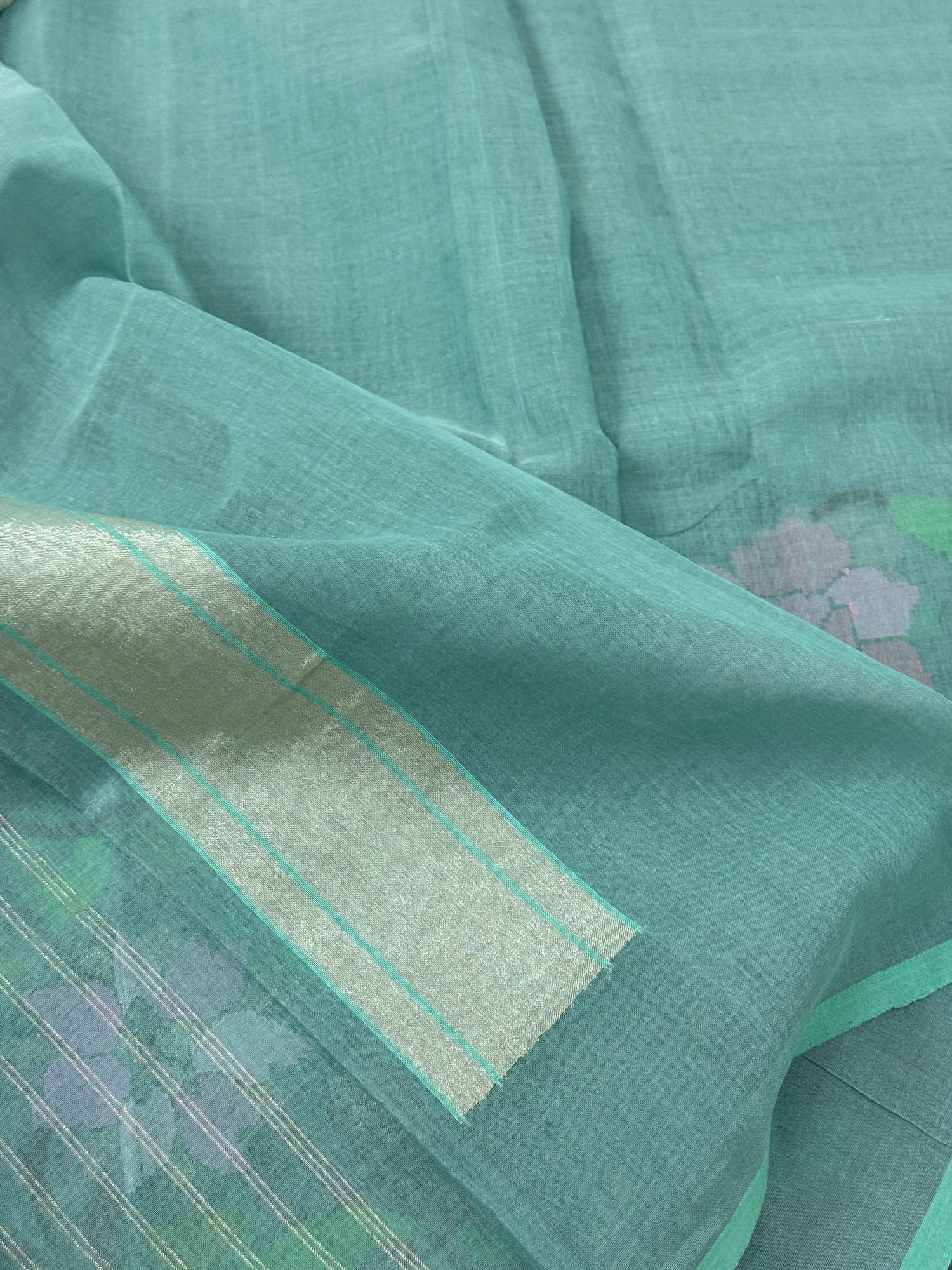 Sea Green Pure Handwoven Cotton Jamdani Banarasi Saree