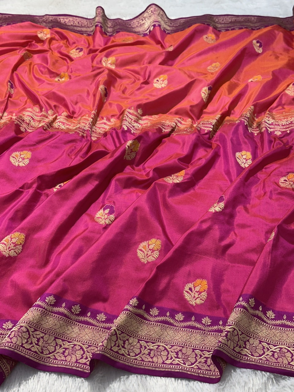 Half Shade Pure Katan Silk With Minakari Boota Handwoven Banarasi Saree