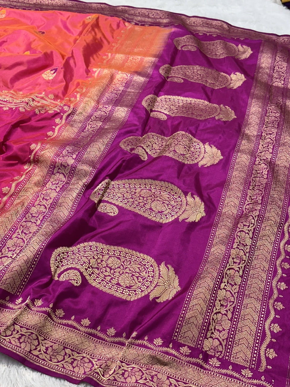 Half Shade Pure Katan Silk With Minakari Boota Handwoven Banarasi Saree