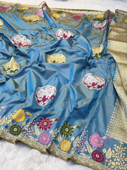 Cornflower Blue Pure Ektara Silk Handwoven Banarasi Saree